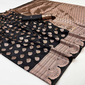 Black Art Silk Saree With Exquisite Floral Zari Work & Banarasi Pallu