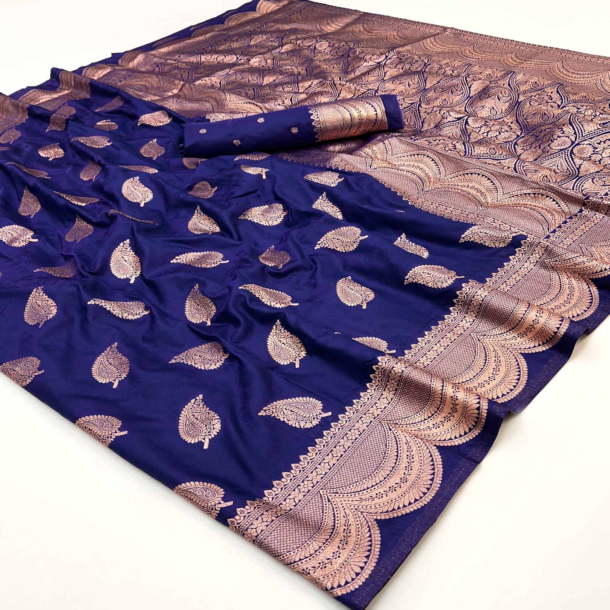 Navy Blue Art Silk Saree With Intricate Zari Weaving & Rich Banarasi Pallu