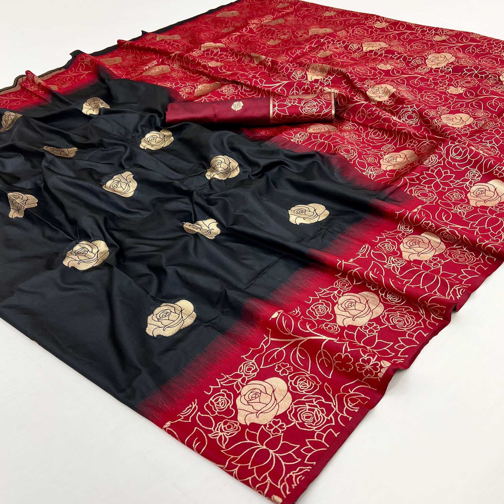 Black Art Silk Saree Embellished With Delicate Floral Zari Weaving Craftsmanship