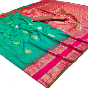 Rama Green Zari Woven Art Silk Saree Featuring Delicate Floral Motifs & Regal Banarasi Pallu