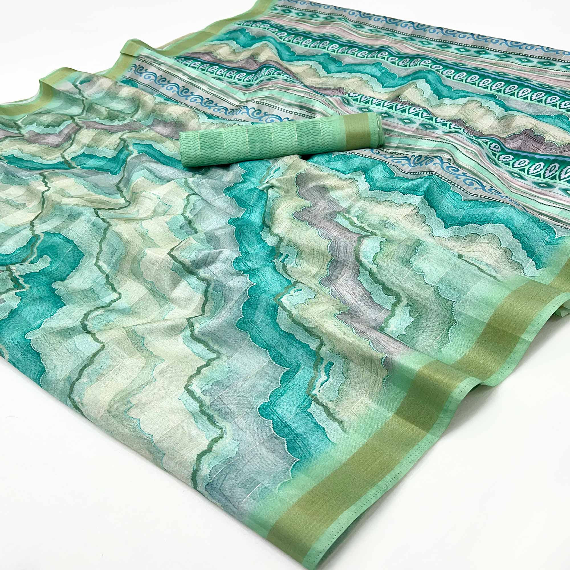 Rama Green Cotton Silk Saree With Artistic Digital Prints & Zari Weaving