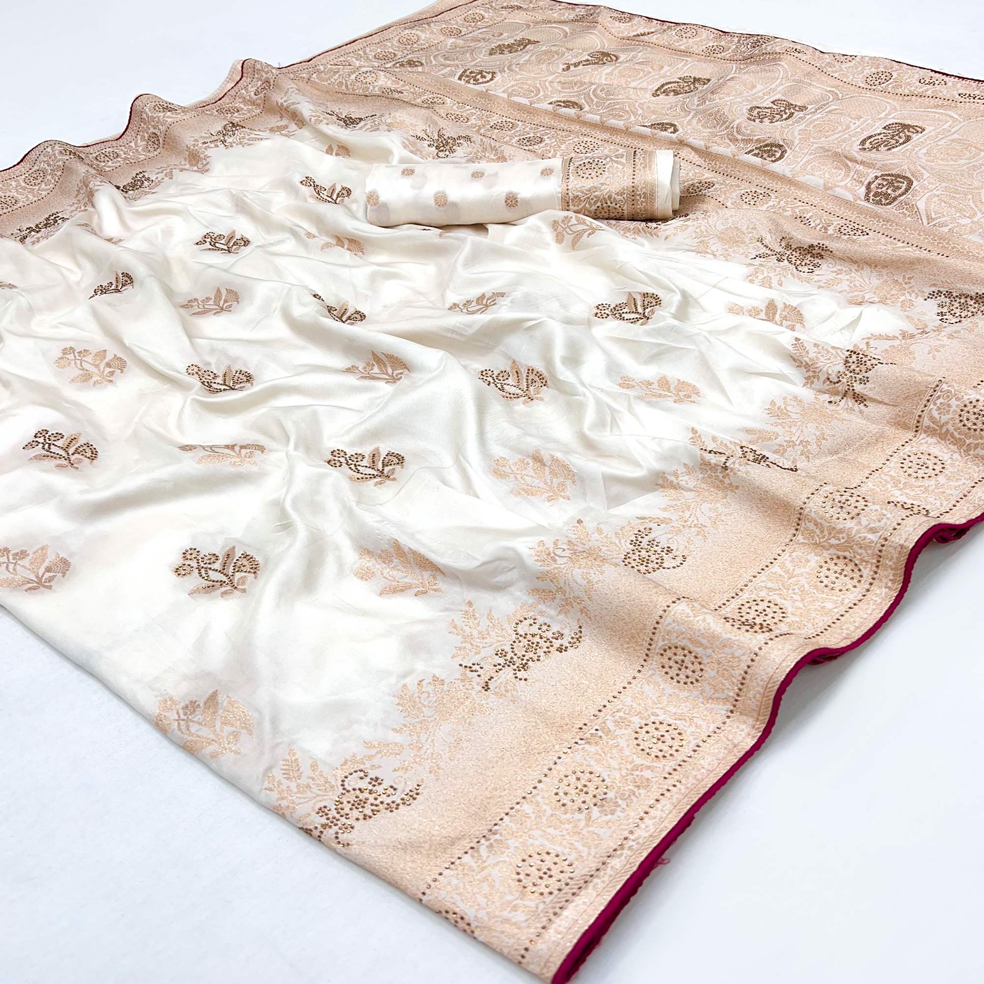 Offwhite Elegant White Dola Silk Saree with Intricate Weaving and Sparkling Stonework