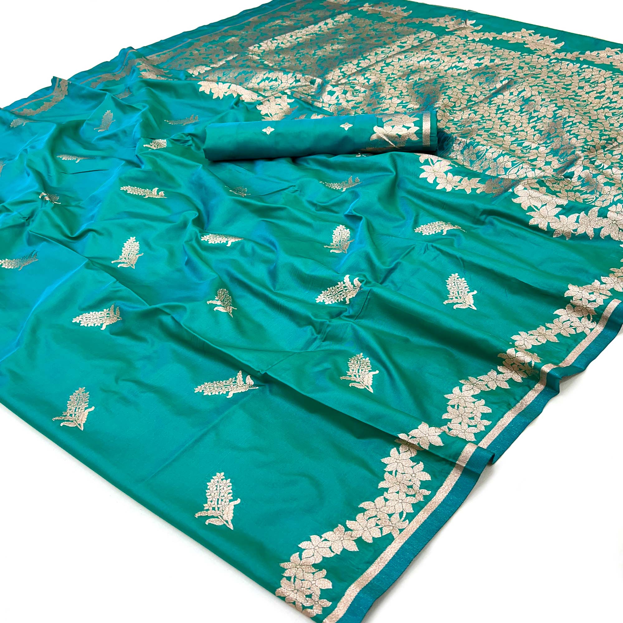 Rama Green Art Silk Saree With Intricate Floral Zari Weaving & Banarasi Pallu