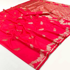 Cherry Red Art Silk Saree With Intricate Floral Zari Weaving & Banarasi Pallu