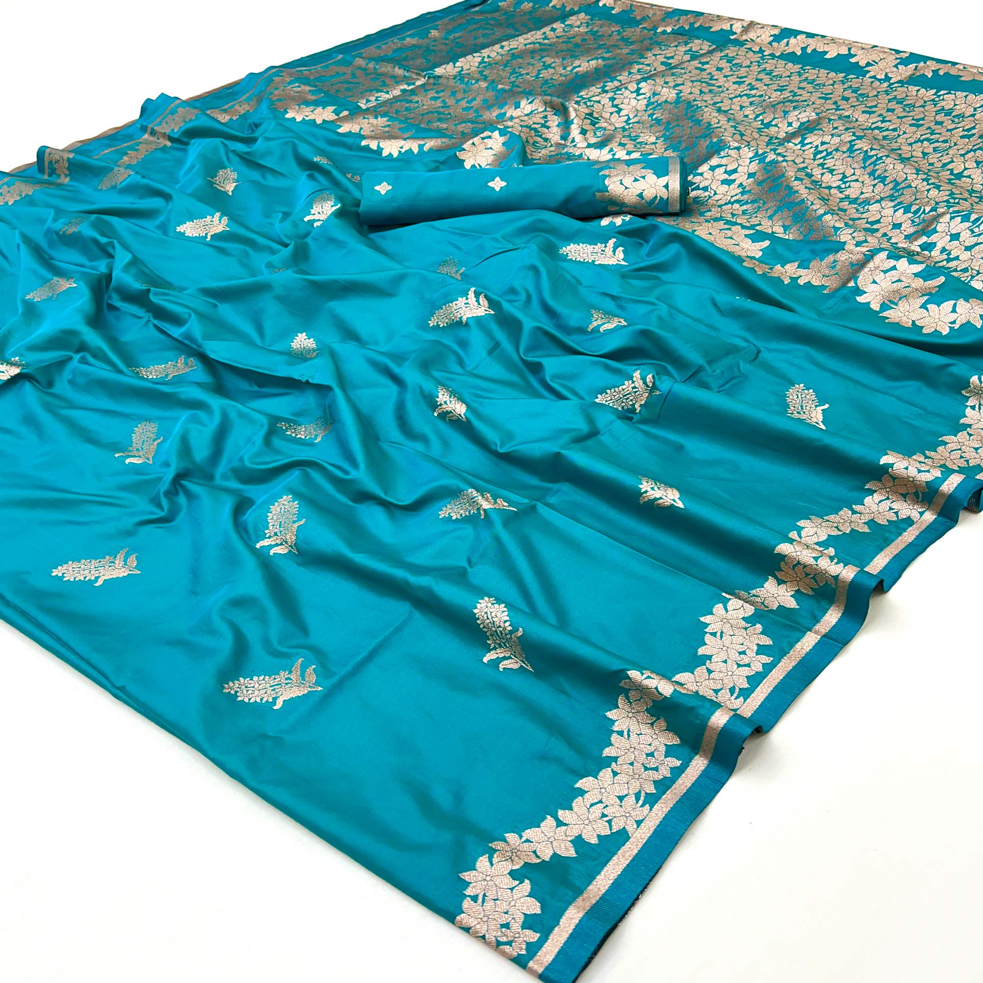 Rama Blue Art Silk Saree With Intricate Floral Zari Weaving & Banarasi Pallu
