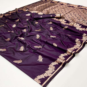 Wine Art Silk Saree With Intricate Floral Zari Weaving & Banarasi Pallu