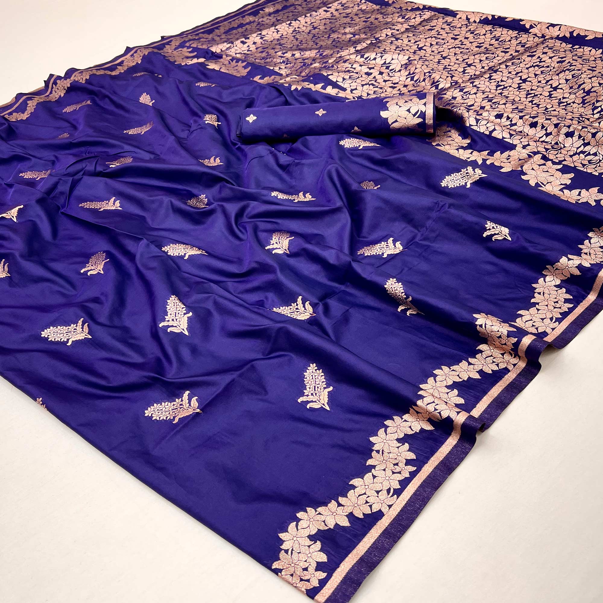 Blue Art Silk Saree With Intricate Floral Zari Weaving & Banarasi Pallu