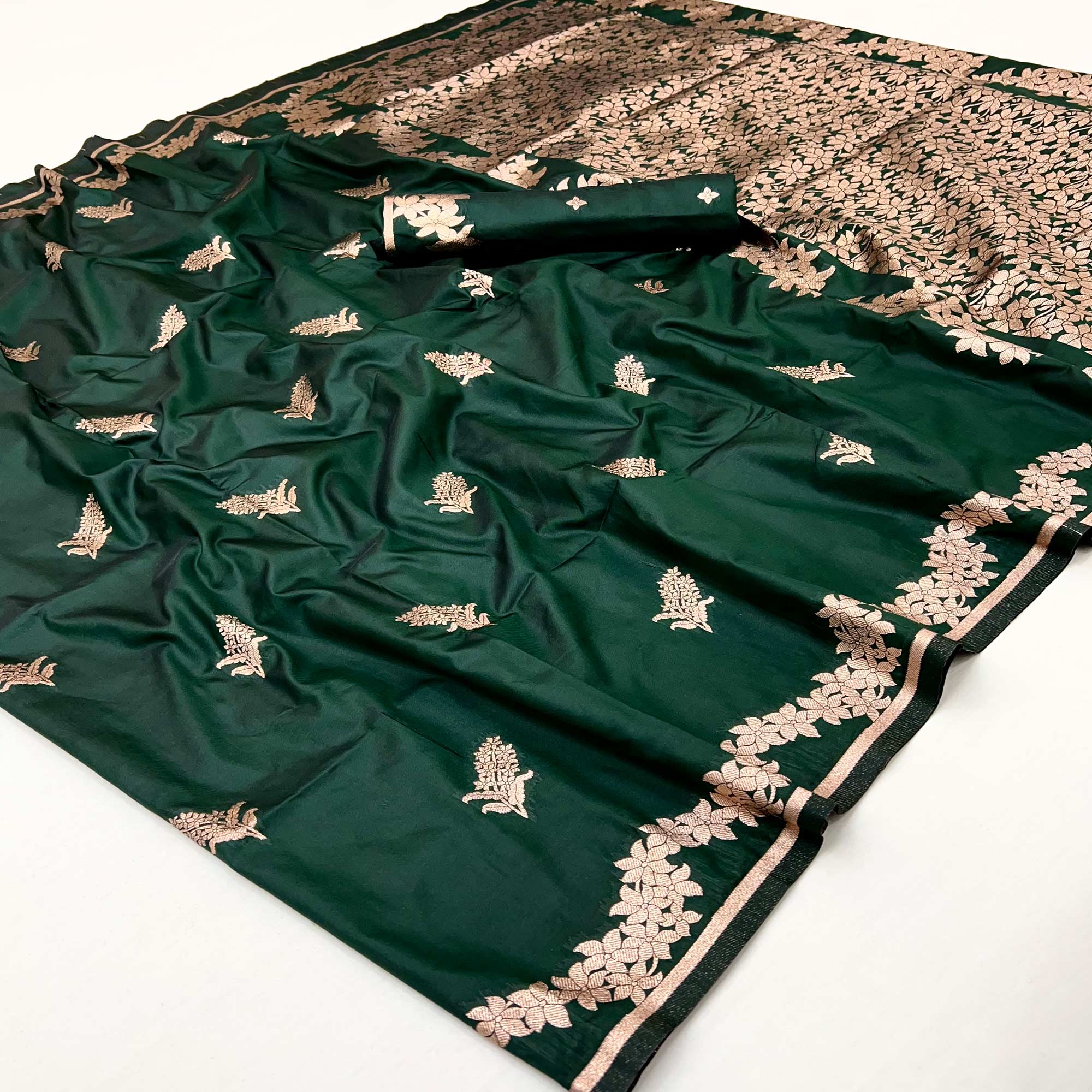Bottle Green Art Silk Saree With Intricate Floral Zari Weaving & Banarasi Pallu