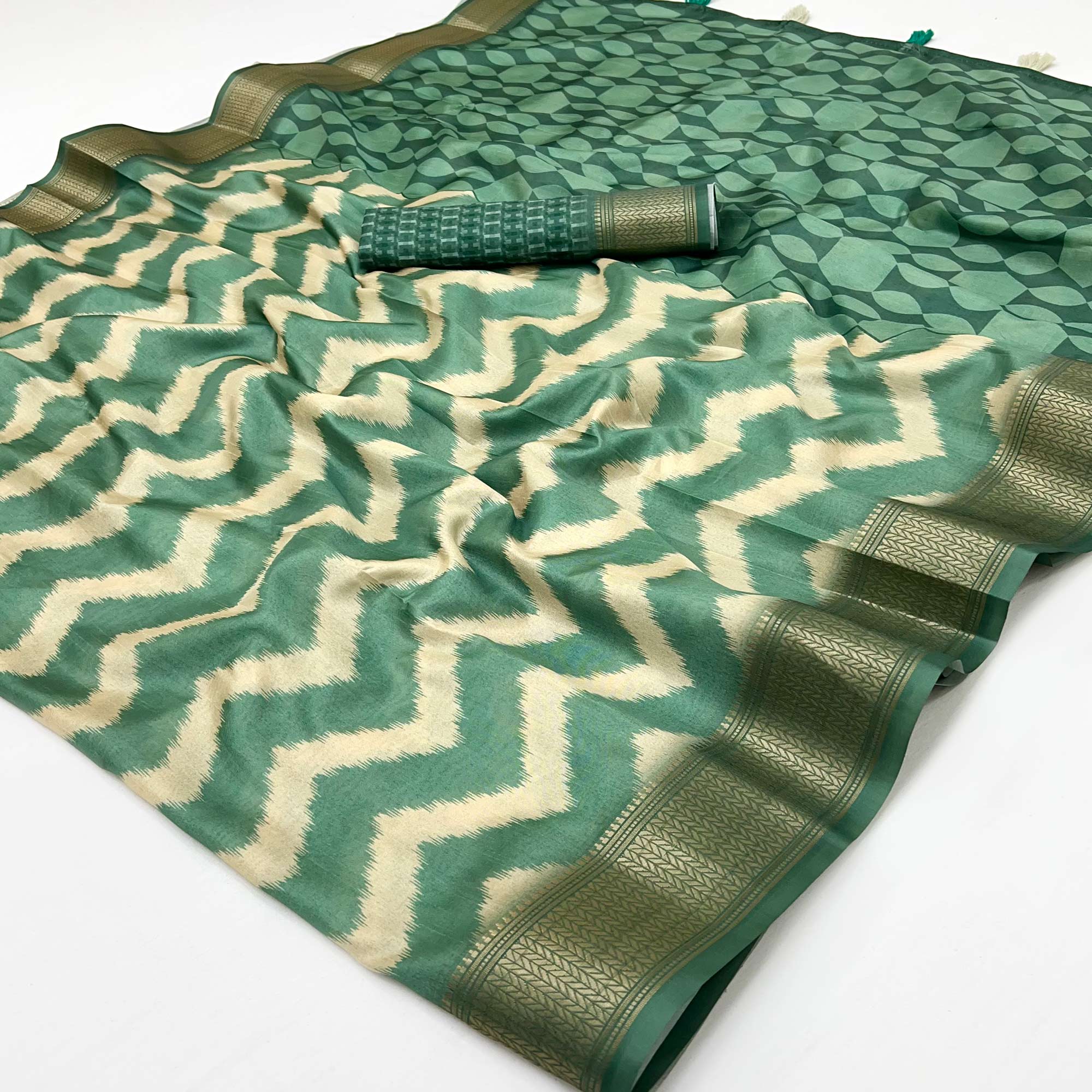 Green Digital Printed Dola Silk Saree Accented With Elegant Zari Woven Border