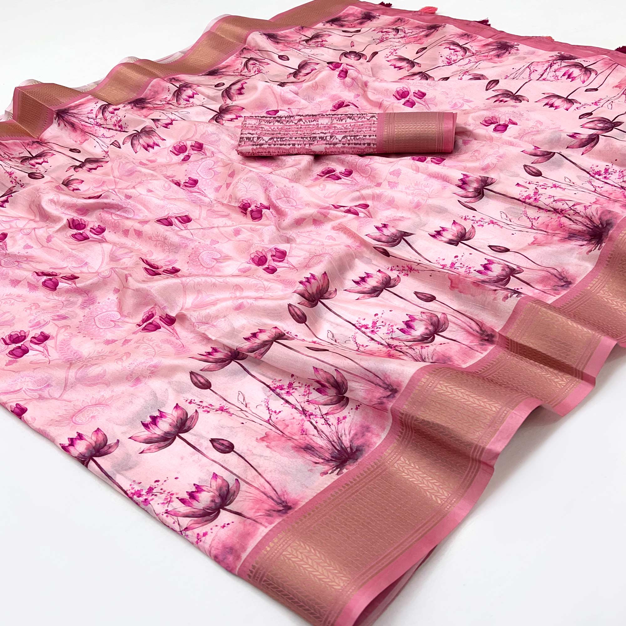 Pink Floral Digital Printed Dola Silk Saree Accented With Elegant Zari Woven Border