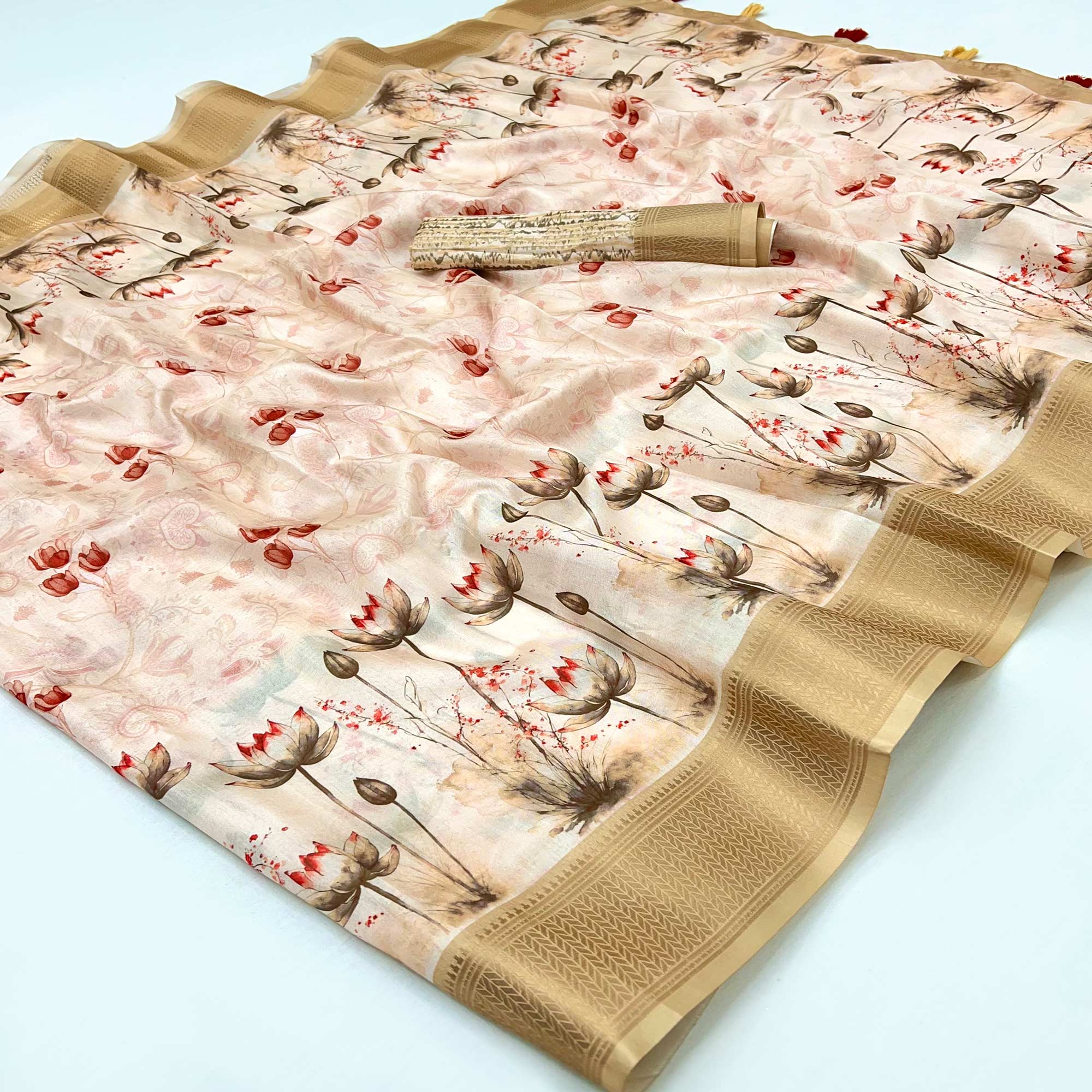Cream Floral Digital Printed Dola Silk Saree Accented With Elegant Zari Woven Border