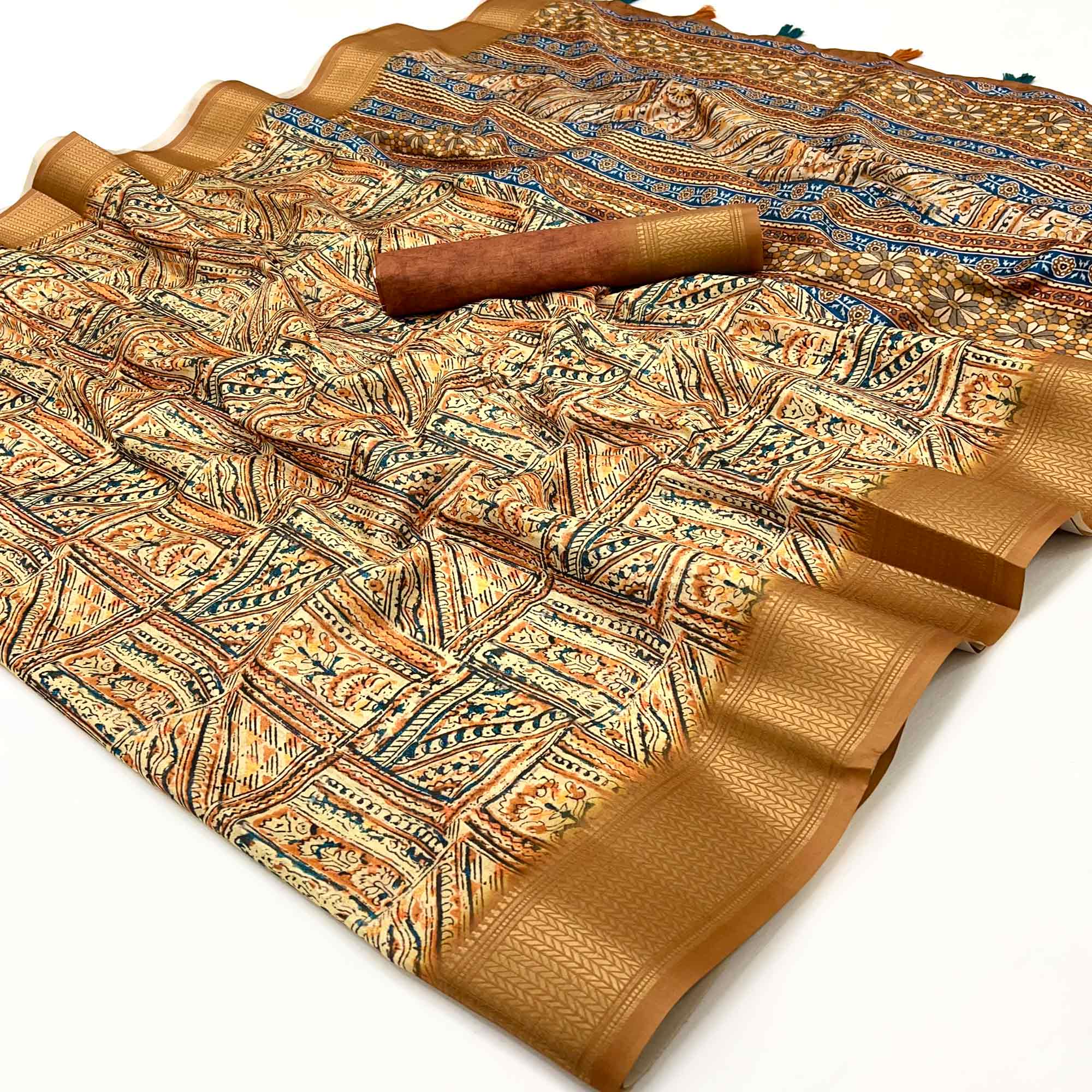Brown Digital Printed Dola Silk Saree With Intricate Zari Weaving Border & Tassel Pallu
