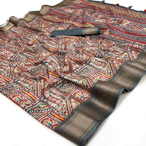 Grey Digital Printed Dola Silk Saree With Intricate Zari Weaving Border & Tassel Pallu