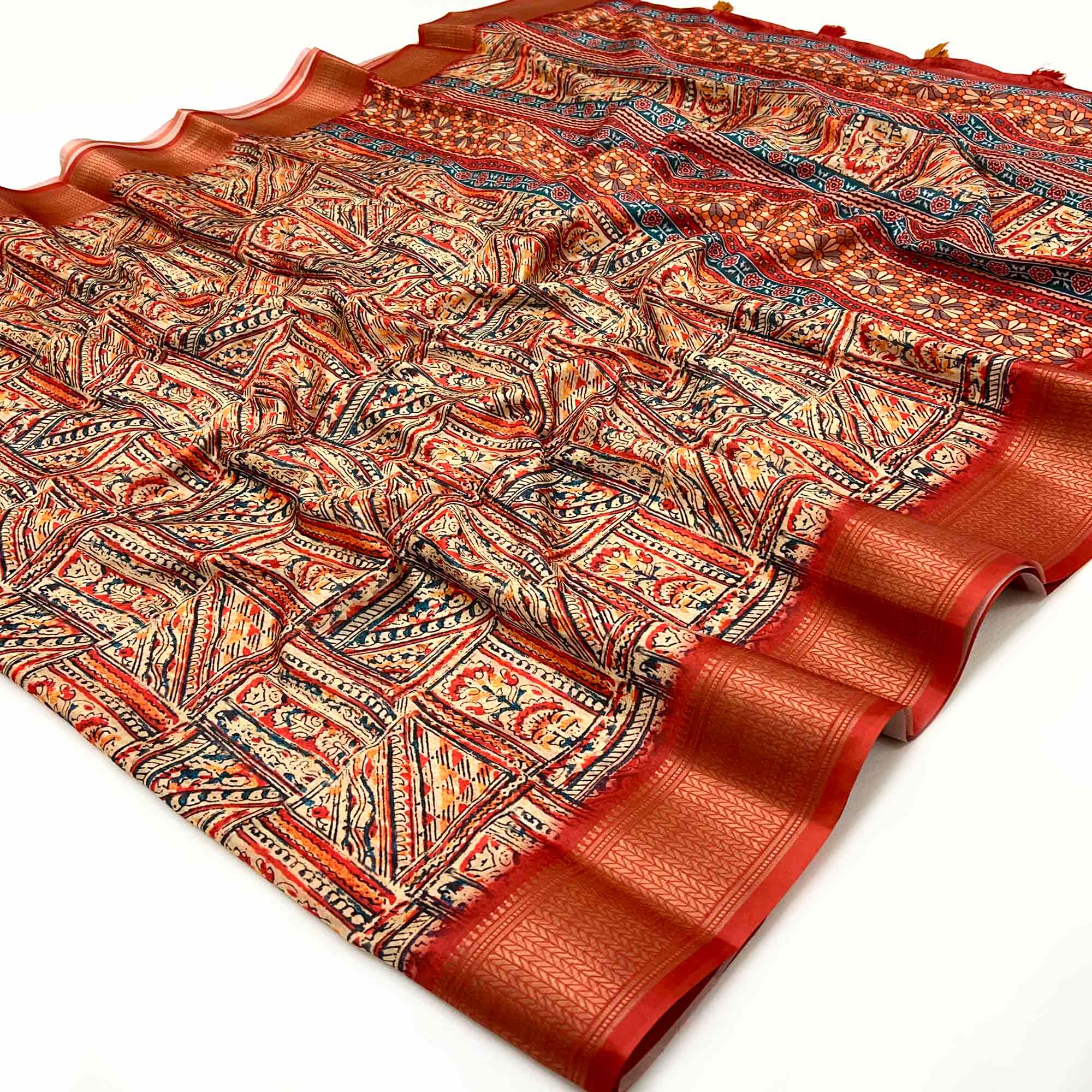 Red Digital Printed Dola Silk Saree With Intricate Zari Weaving Border & Tassel Pallu