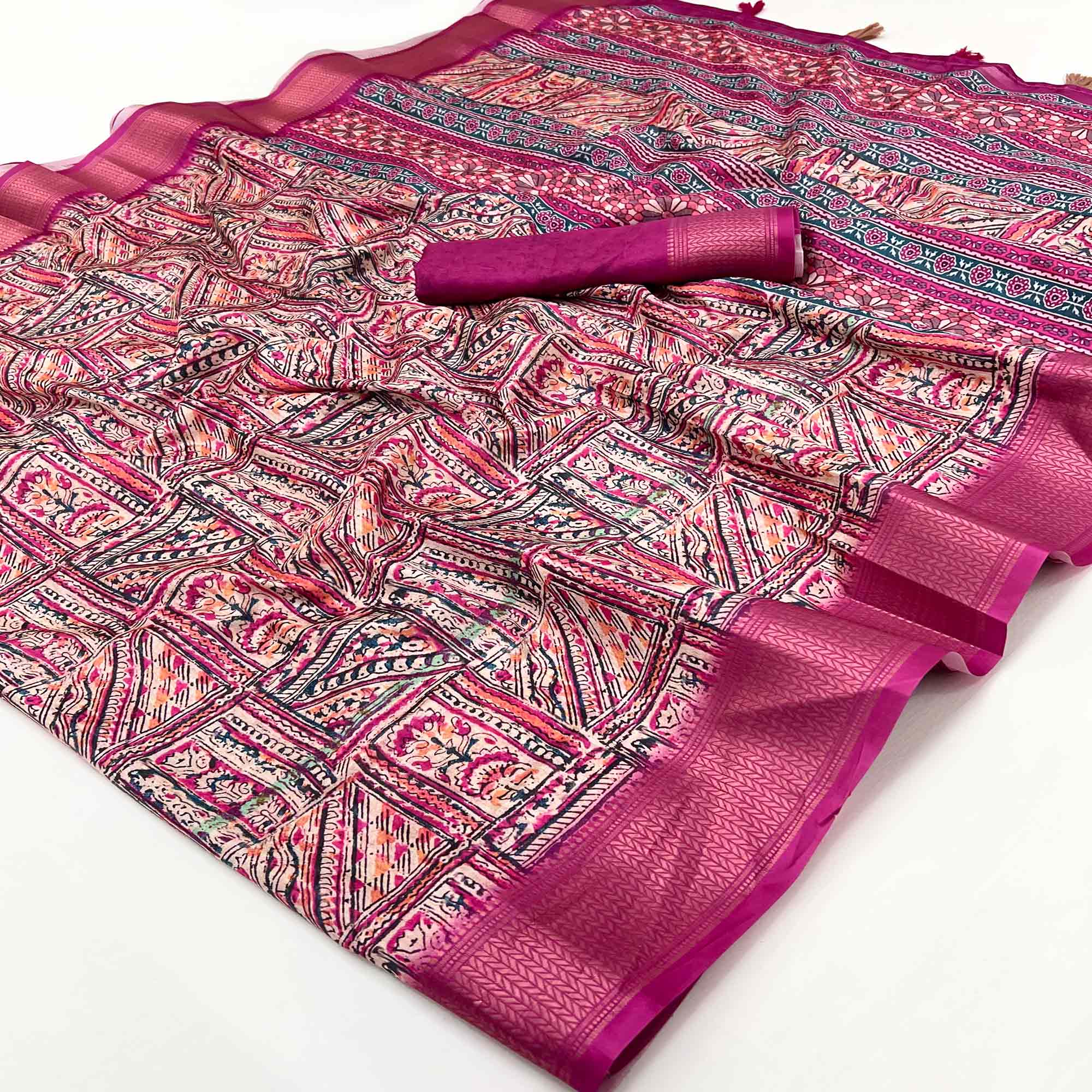 Pink Digital Printed Dola Silk Saree With Intricate Zari Weaving Border & Tassle Pallu