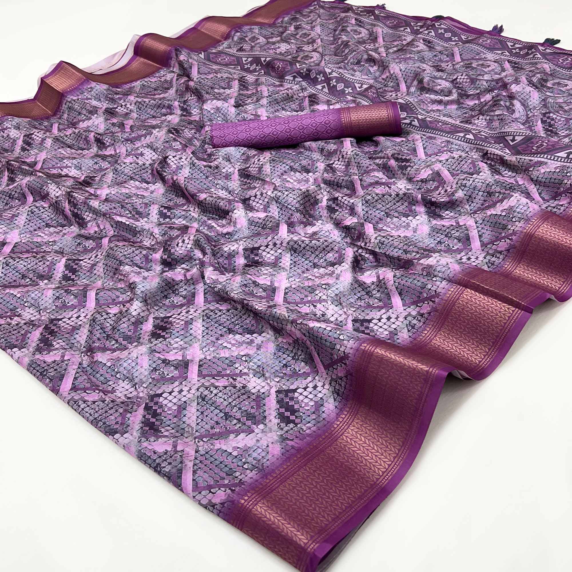 Lavender Digital Printed Saree In Dola Silk With Shimmering Zari Border & Tassel Pallu