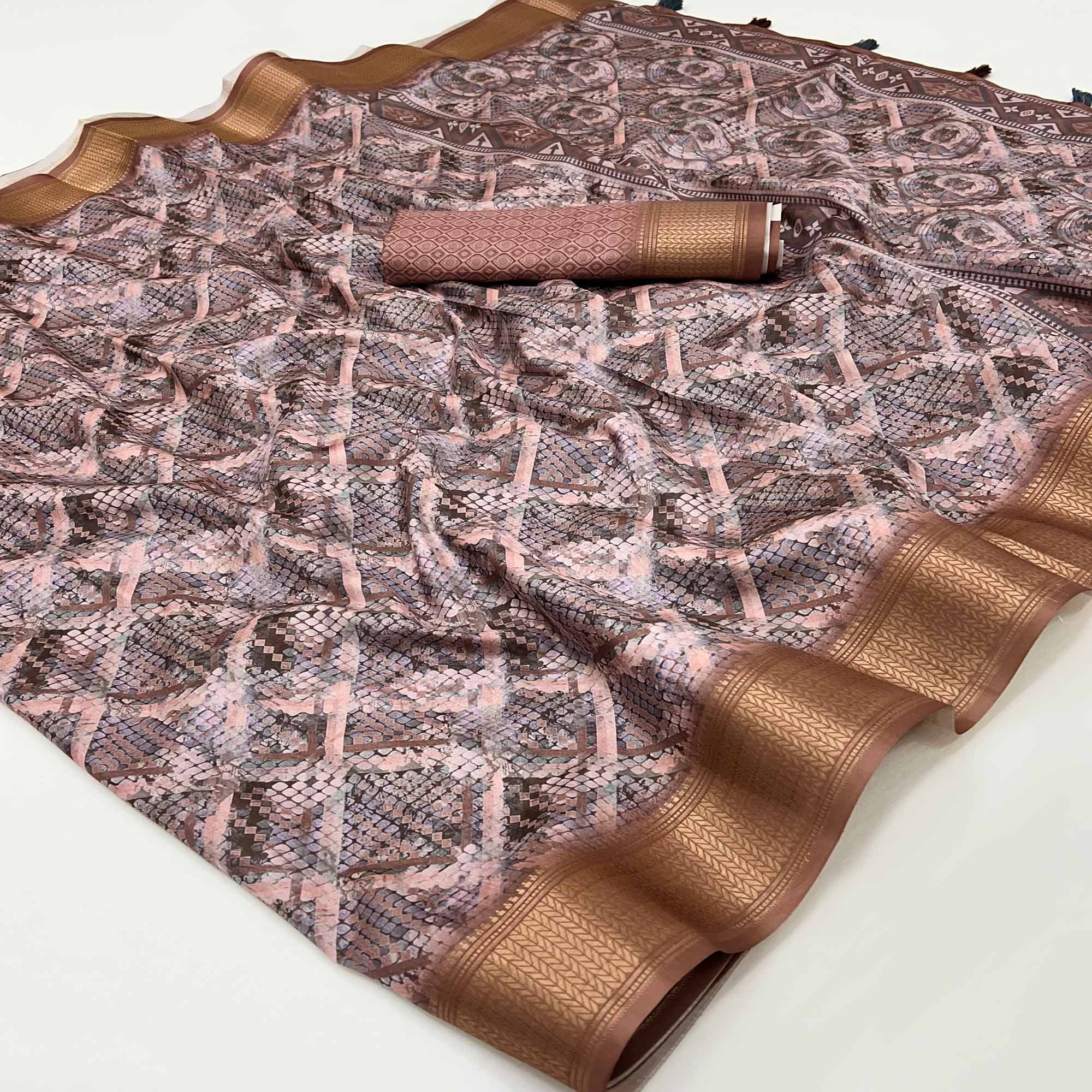 Brown Digital Printed Saree In Dola Silk With Shimmering Zari Border & Tassel Pallu