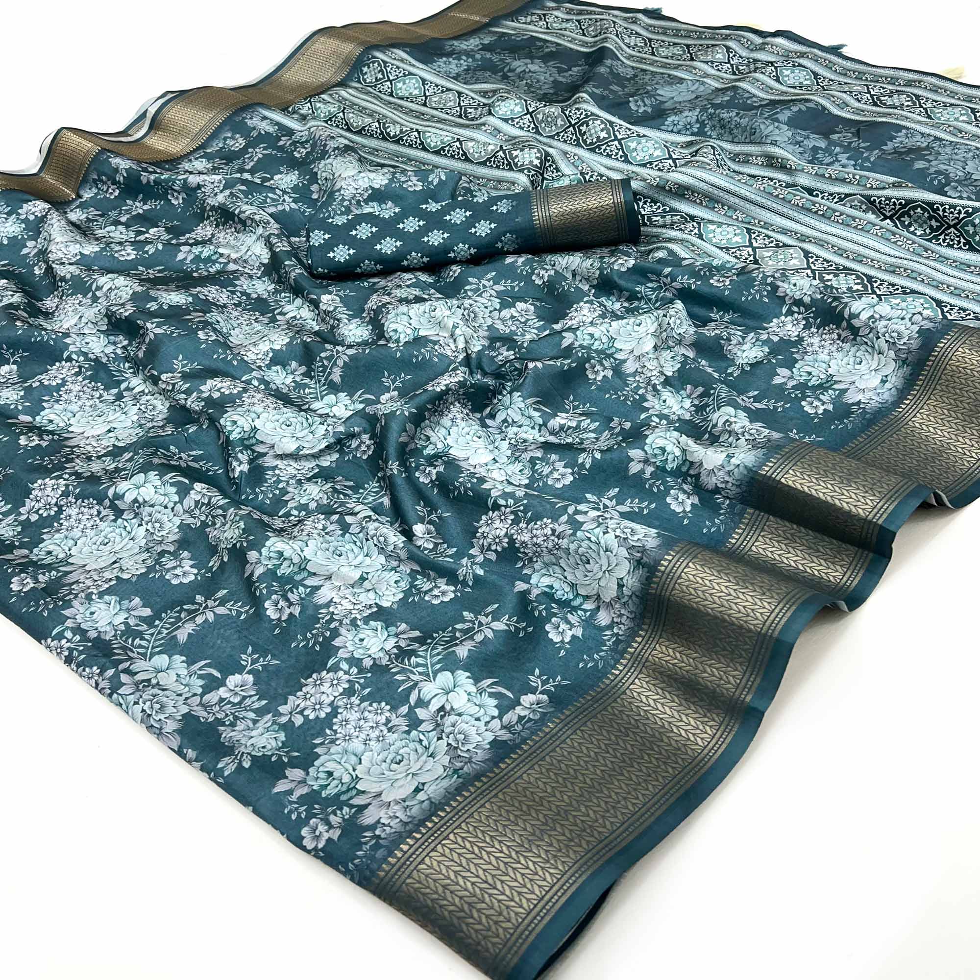Teal Dola Silk Saree With Floral Digital Prints & Elegant Zari Weaving Border