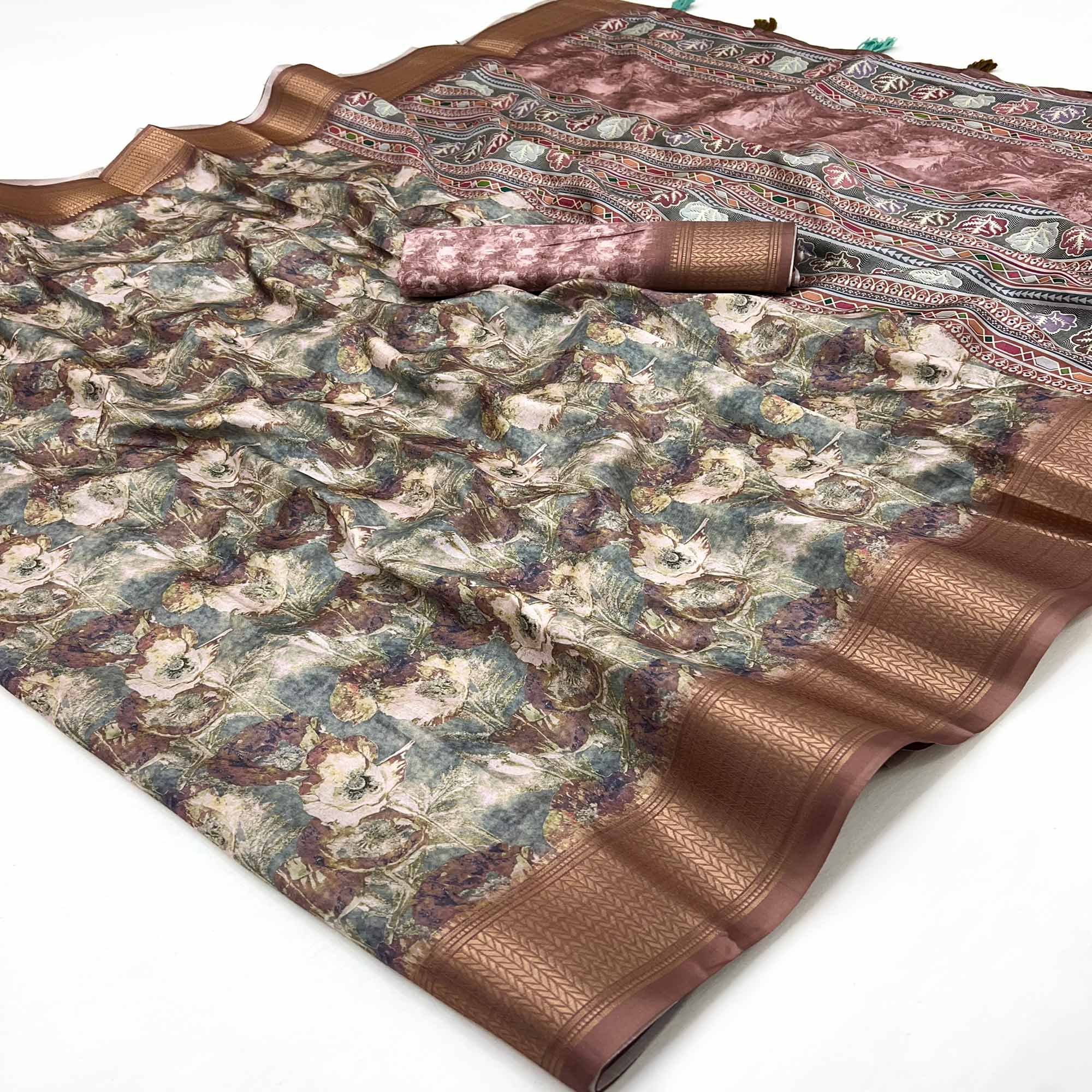Brown Elegance In Dola Saree Featuring Blooming Digital Prints & Zari Border & Tassel Pallu