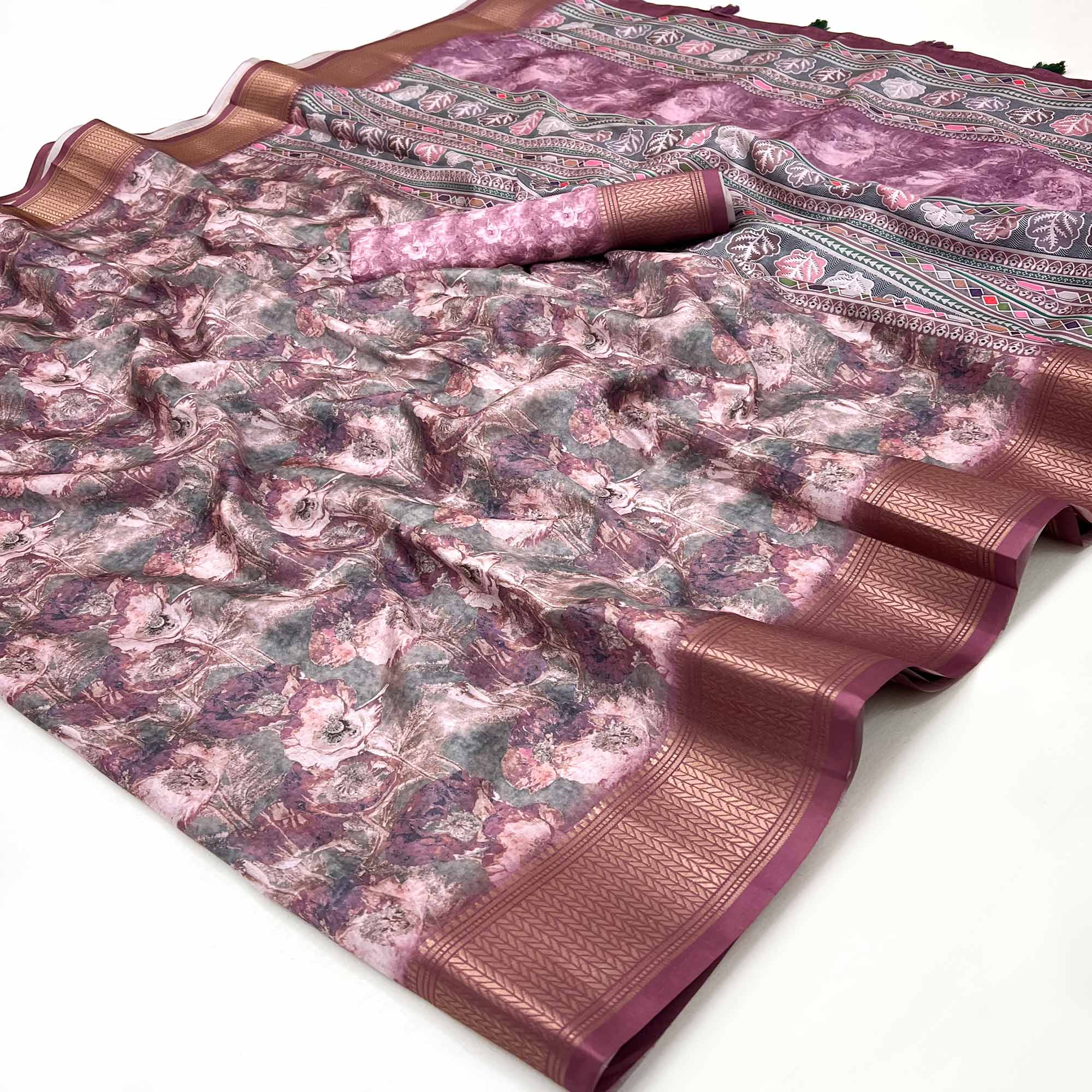 Smyrna Purple Elegance In Dola Saree Featuring Blooming Digital Prints & Zari Border & Tassel Pallu