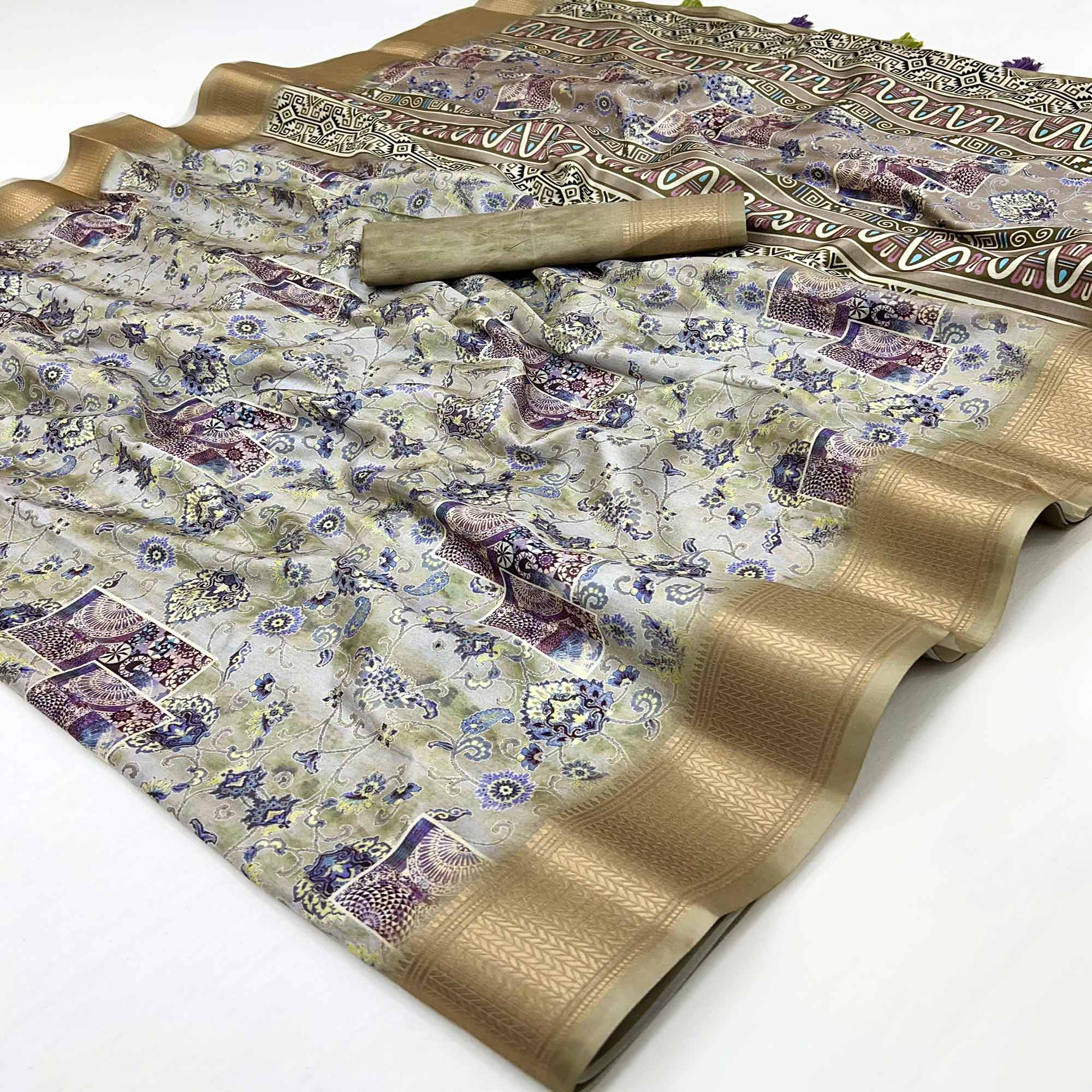 Olive Green Floral Digital Printed Saree In Dola Silk With Shimmering Zari Border & Tassel