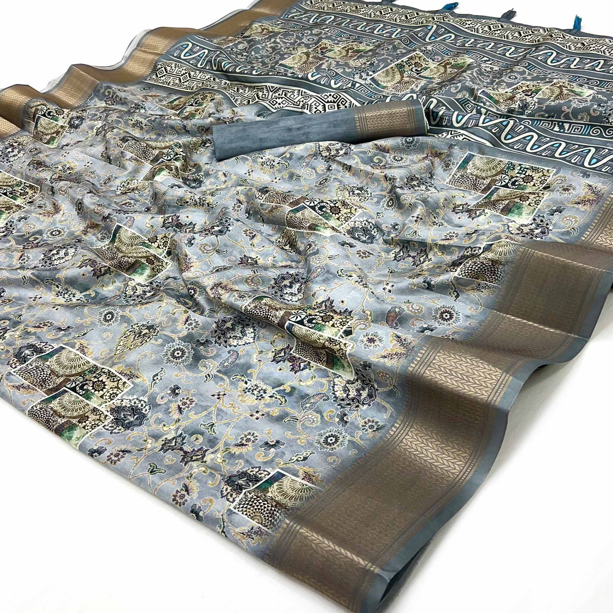 Grey Floral Digital Printed Saree In Dola Silk With Shimmering Zari Border & Tassel