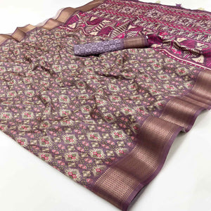 Carolina Plum Purple Dola Silk Saree With Intricate Digital Prints & Zari Woven Border