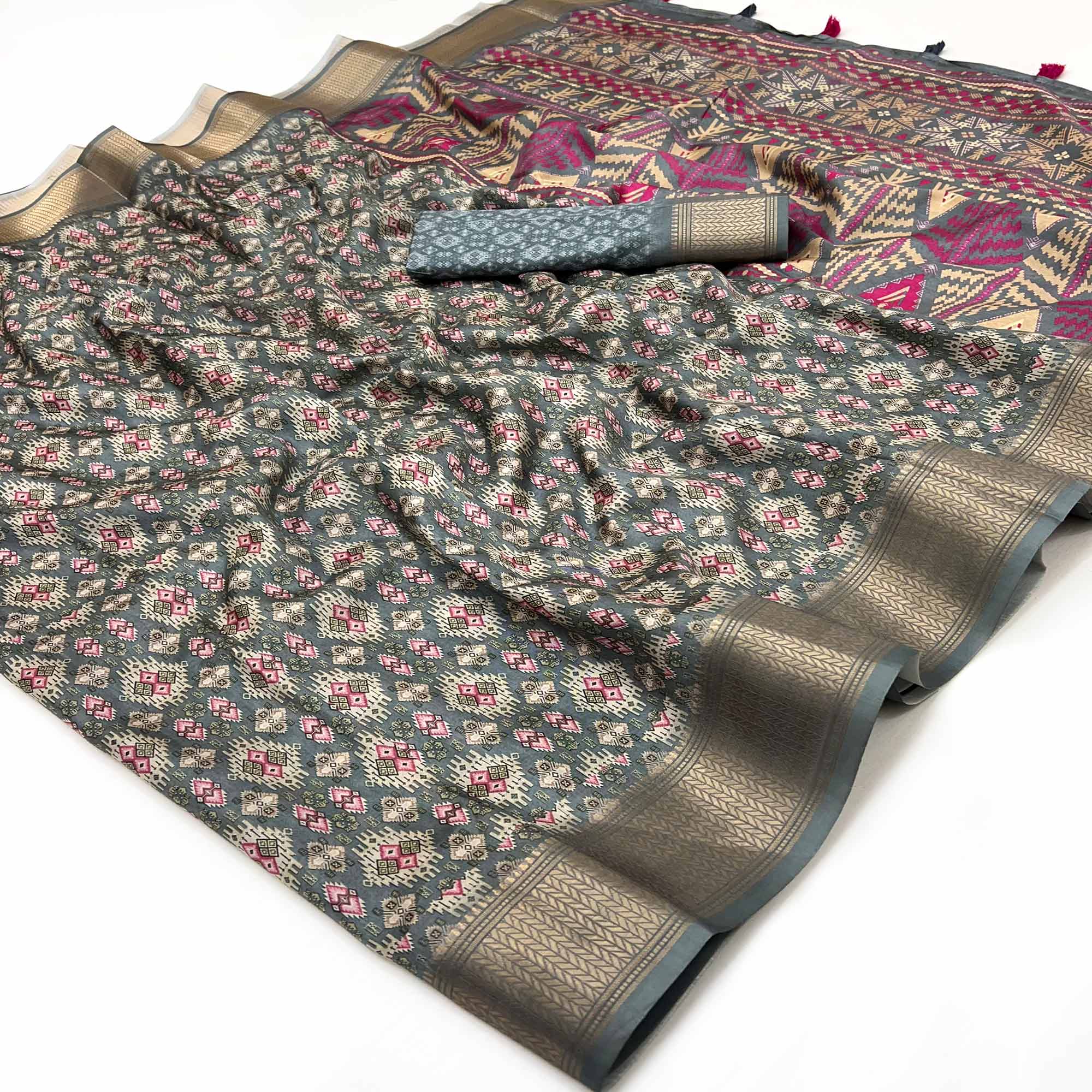 Grey Dola Silk Saree With Intricate Digital Prints & Zari Woven Border