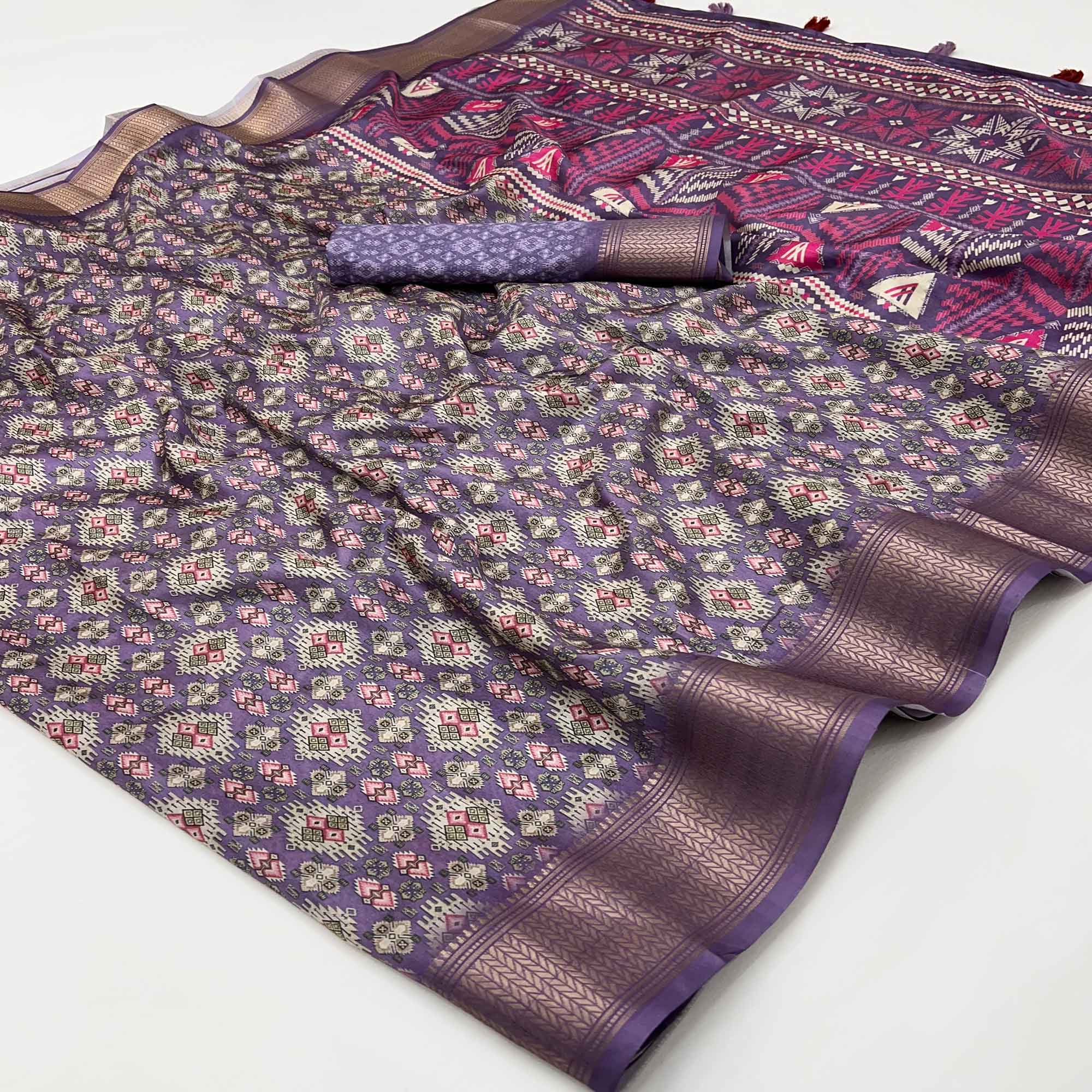 Lavender Dola Silk Saree With Intricate Digital Prints & Zari Woven Border