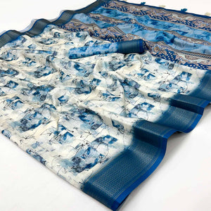 Blue Digital Printed Dola Saree Featuring Elegant Weaving Border & Stylish Tassel Pallu