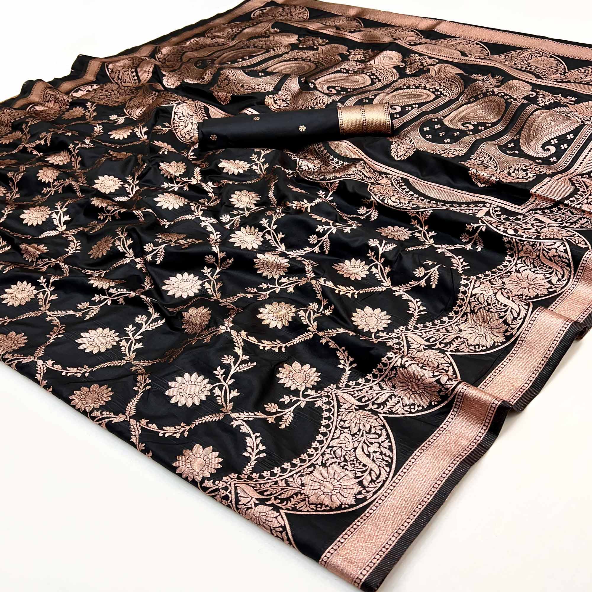 Black Art Silk Saree With Intricate Floral Zari Weaving & Banarasi Pallu