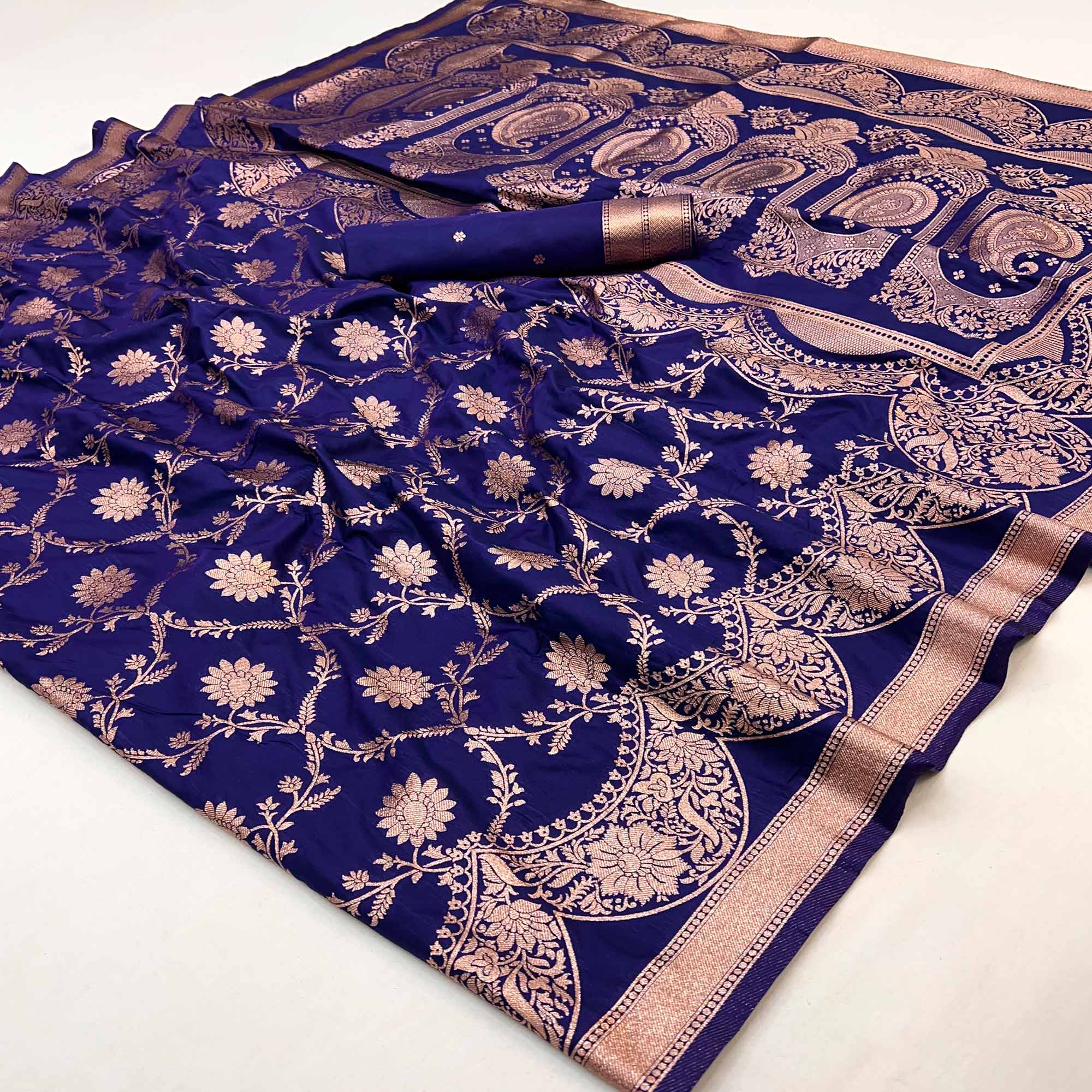 Blue Art Silk Saree With Intricate Floral Zari Weaving & Banarasi Pallu