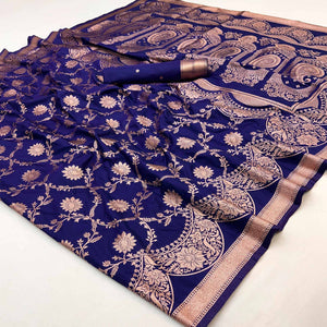 Blue Art Silk Saree With Intricate Floral Zari Weaving & Banarasi Pallu