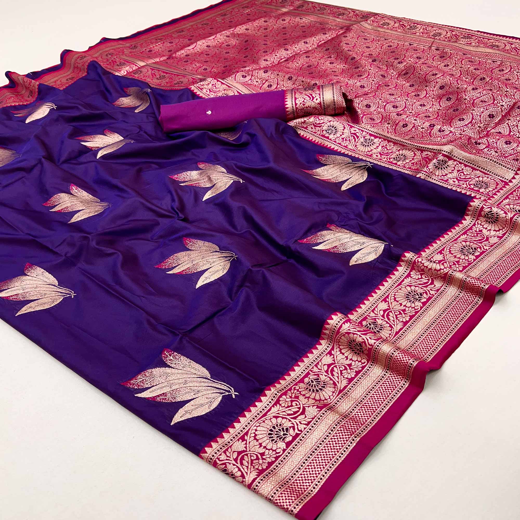 Indigo Purple Saree In Art Silk Adorned With Floral Zari Work & Traditional Banarasi Pallu