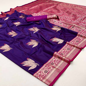 Indigo Purple Saree In Art Silk Adorned With Floral Zari Work & Traditional Banarasi Pallu