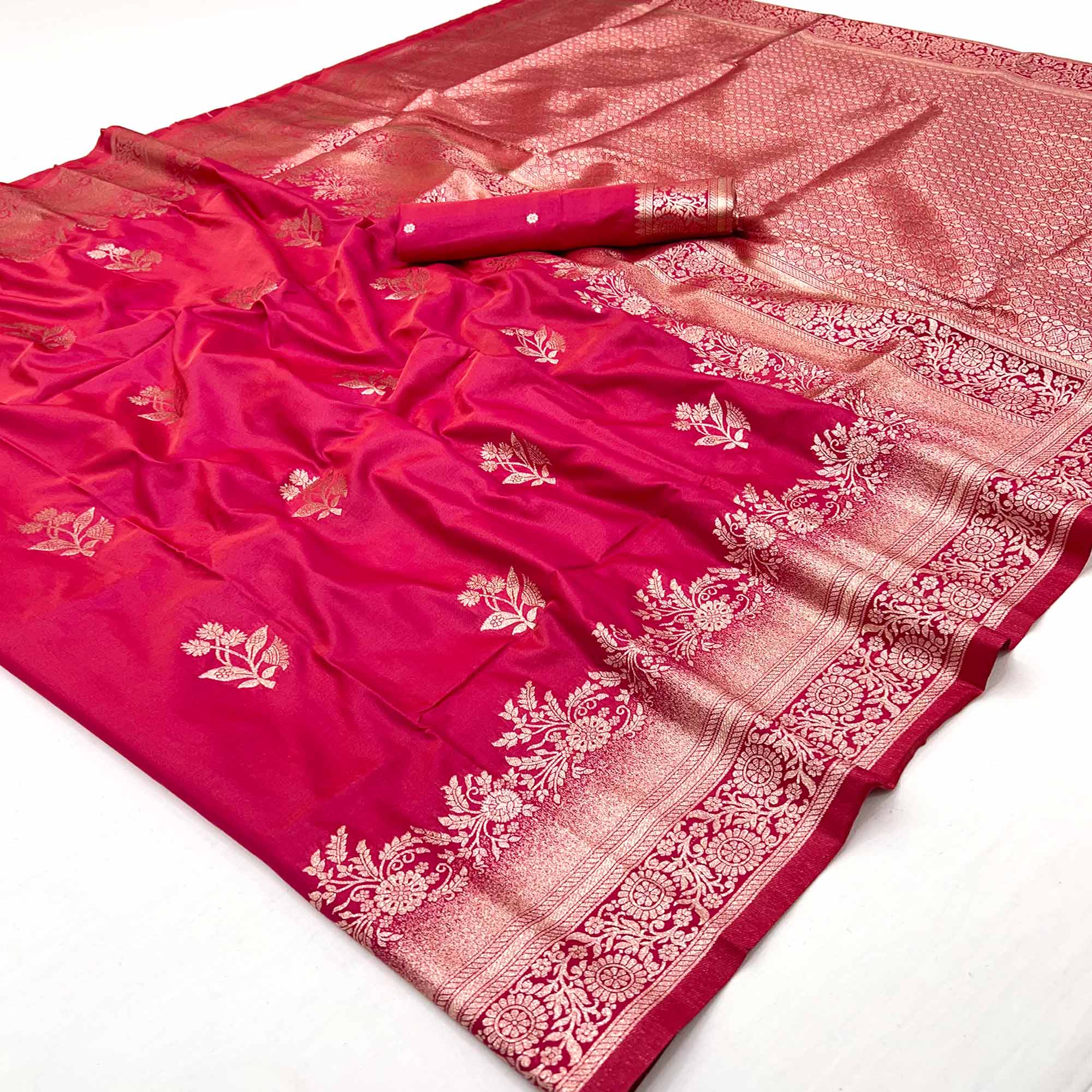 Rani Pink Art Silk Saree Featuring Intricate Floral Zari Weaving & An Elegant Banarasi Pallu