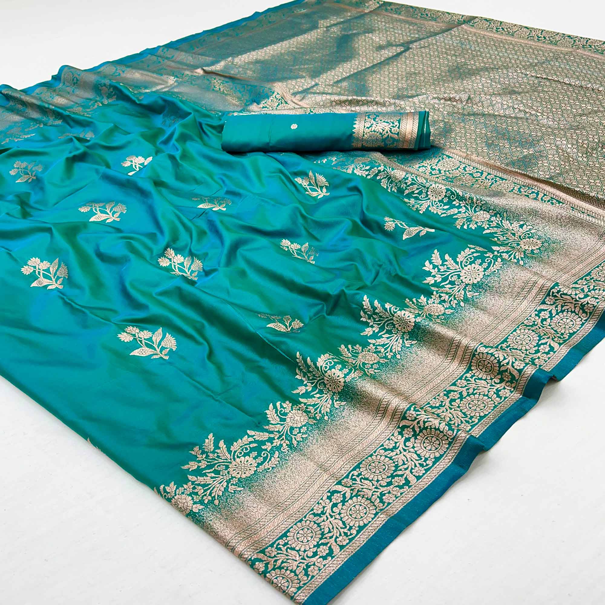 Rama Blue Art Silk Saree Featuring Intricate Floral Zari Weaving & An Elegant Banarasi Pallu