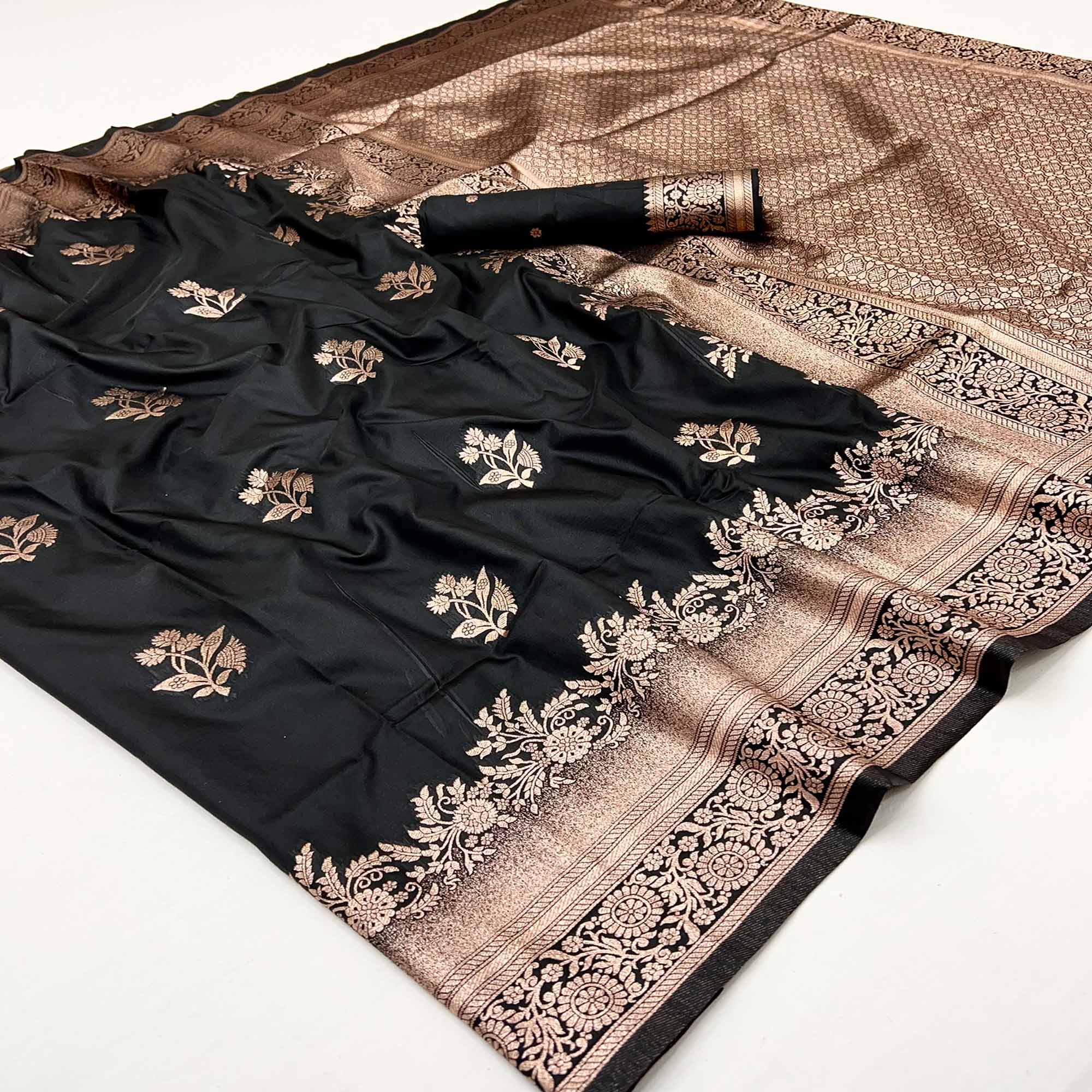 Black Art Silk Saree Featuring Intricate Floral Zari Weaving & An Elegant Banarasi Pallu