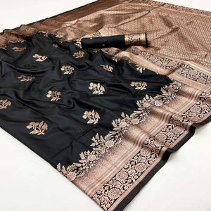 Black Art Silk Saree Featuring Intricate Floral Zari Weaving & An Elegant Banarasi Pallu