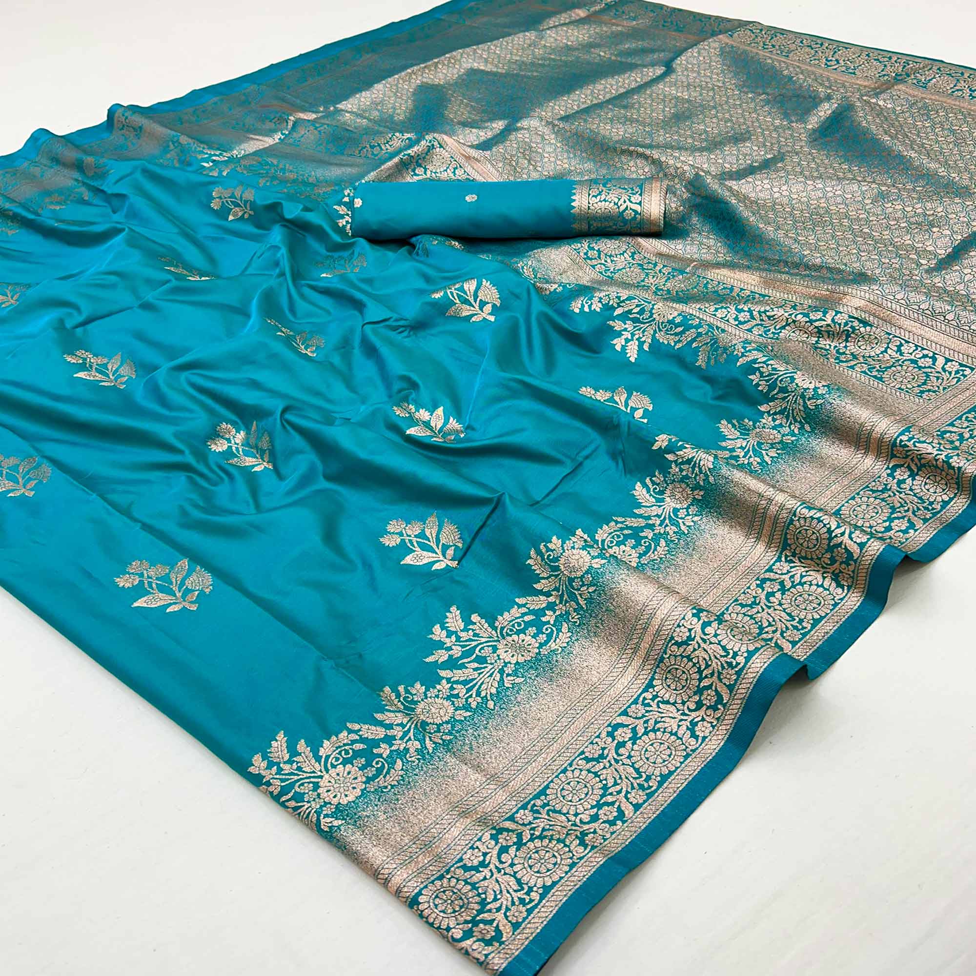 Blue Art Silk Saree Featuring Intricate Floral Zari Weaving & An Elegant Banarasi Pallu