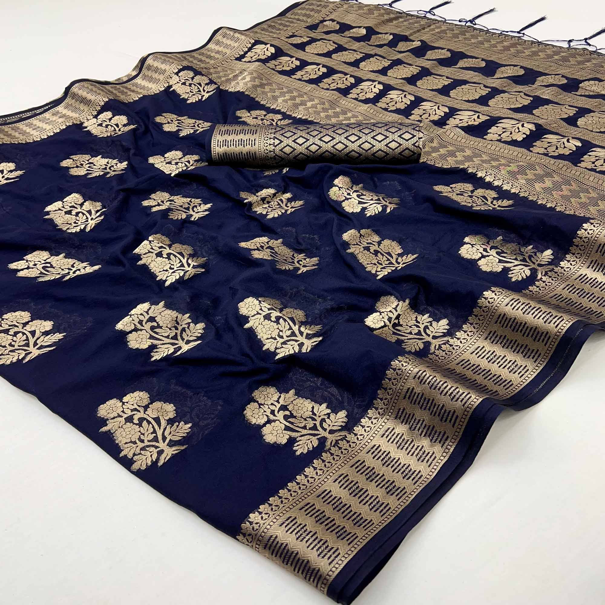 Navy Blue Crepe Silk Saree With Floral Zari Weaving & Stylish Tassel Pallu