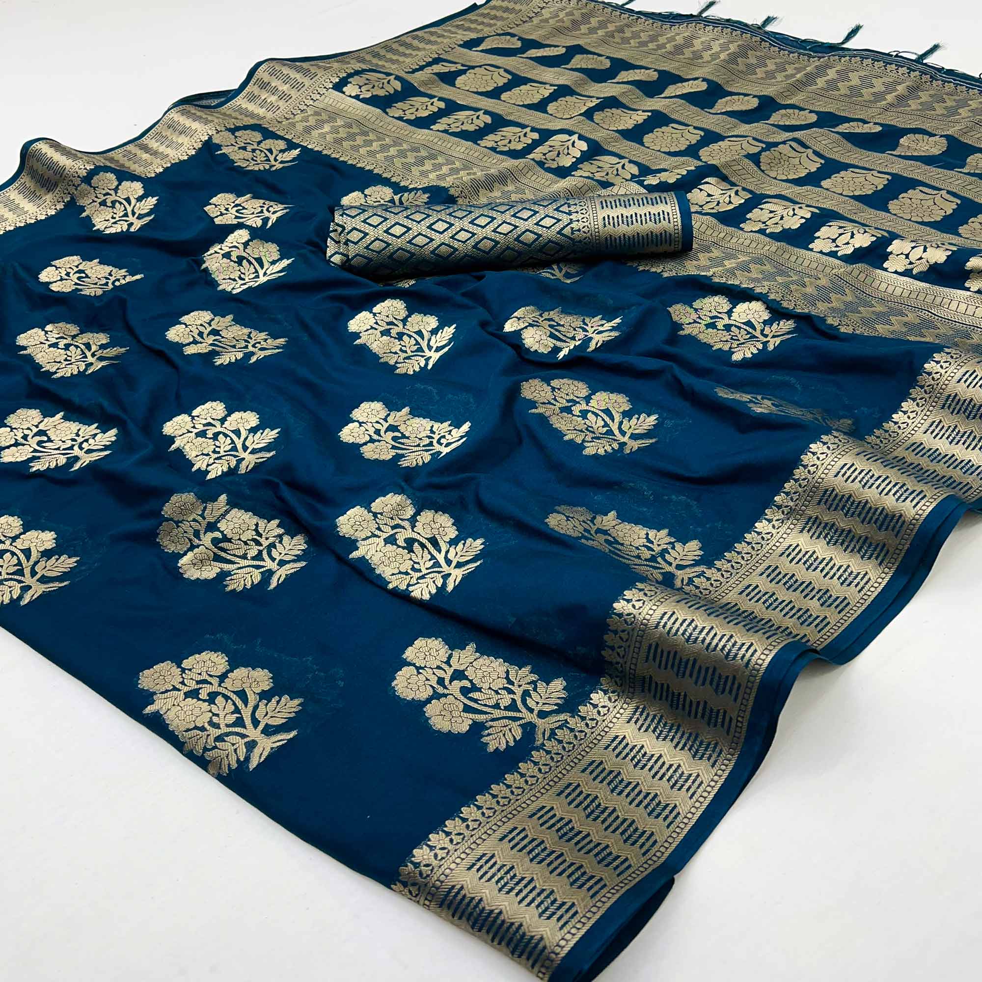 Dark Blue Crepe Silk Saree With Floral Zari Weaving & Stylish Tassel Pallu