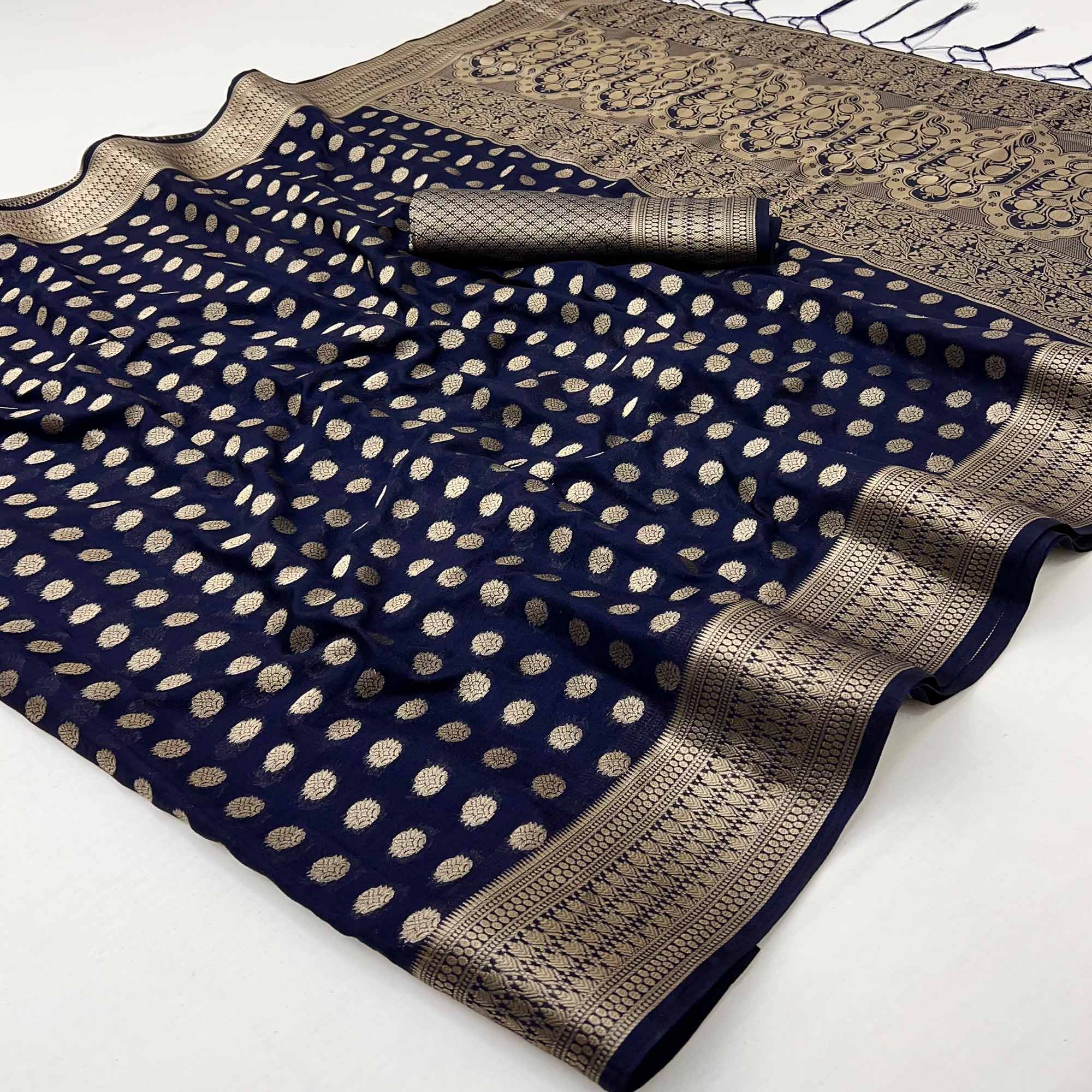 Navy Blue Floral Zari Woven Crepe Silk Saree Accented With Tassel Pallu