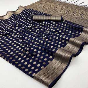 Navy Blue Floral Zari Woven Crepe Silk Saree Accented With Tassel Pallu