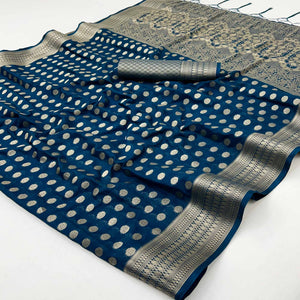 Dark Teal Blue Floral Zari Woven Crepe Silk Saree Accented With Tassel Pallu