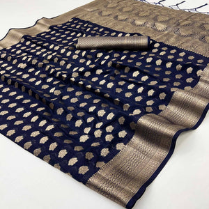 Navy Blue Zari Woven Floral Silk Saree With Chic Tassel Finish Pallu