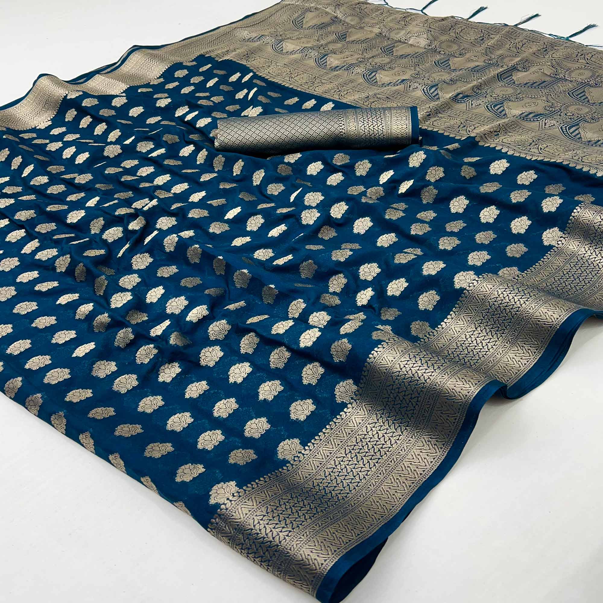 Dark Teal Blue Zari Woven Floral Silk Saree With Chic Tassel Finish Pallu