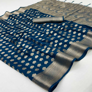 Dark Teal Blue Zari Woven Floral Silk Saree With Chic Tassel Finish Pallu
