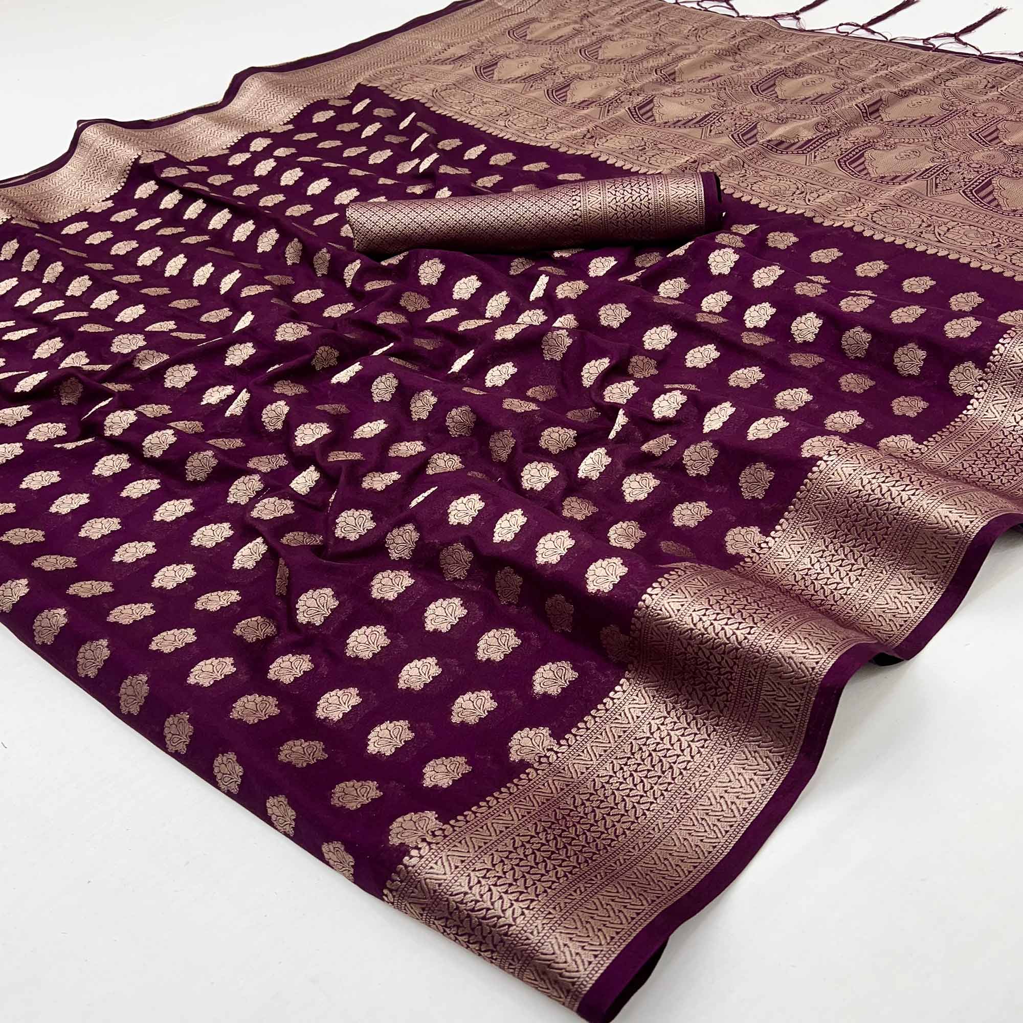 Wine Zari Woven Floral Silk Saree With Chic Tassel Finish Pallu