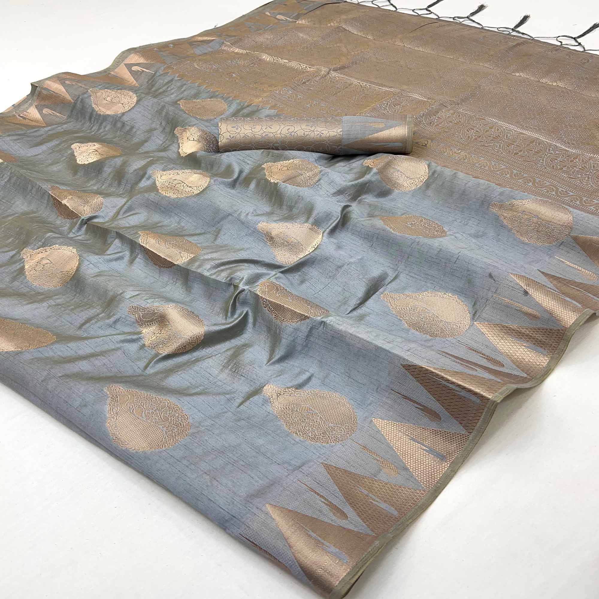 Grey Tusser Cotton Silk Saree With Floral Zari Weaving & Tassel Pallu